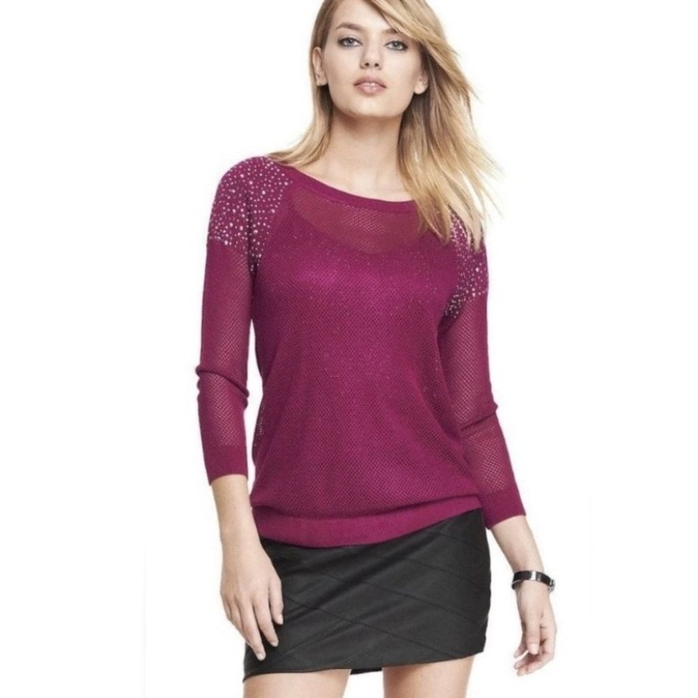 Express Mesh Fishnet Sweater Work Top Pink Medium